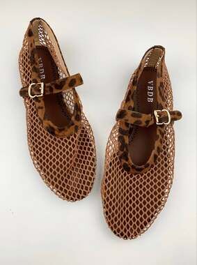 VBDB Mesh Mary Jane Ballet Flats Brown Fishnet Leopard Print Strap Women's 11